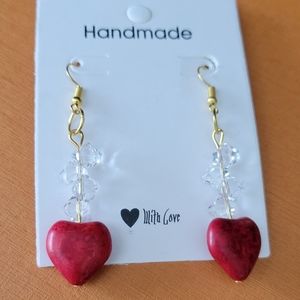 Red Heart dangle earrings with clear crystal beads